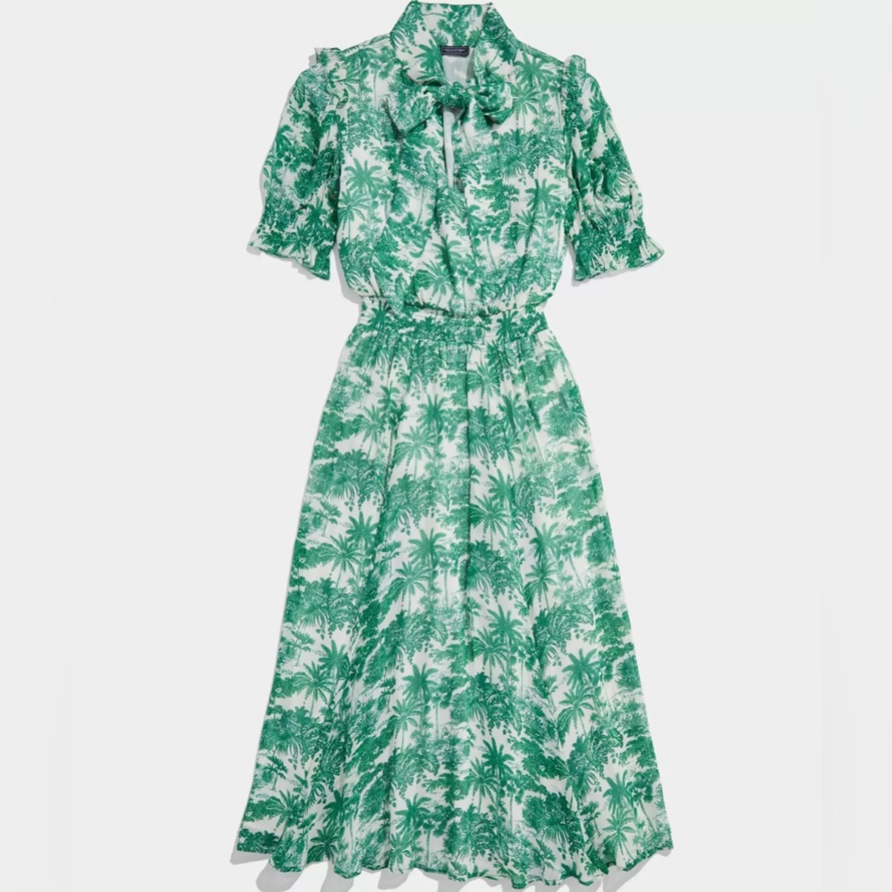Vineyard Vines S Marthas Vineyard Tropical Toile Tie-Neck Midi Dress Green/White - Picture 7 of 16